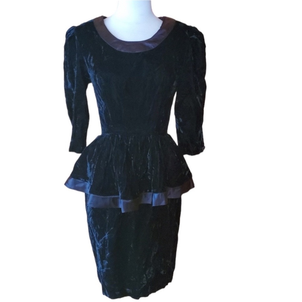 1980s Kwai Black Velour Peplum Dress